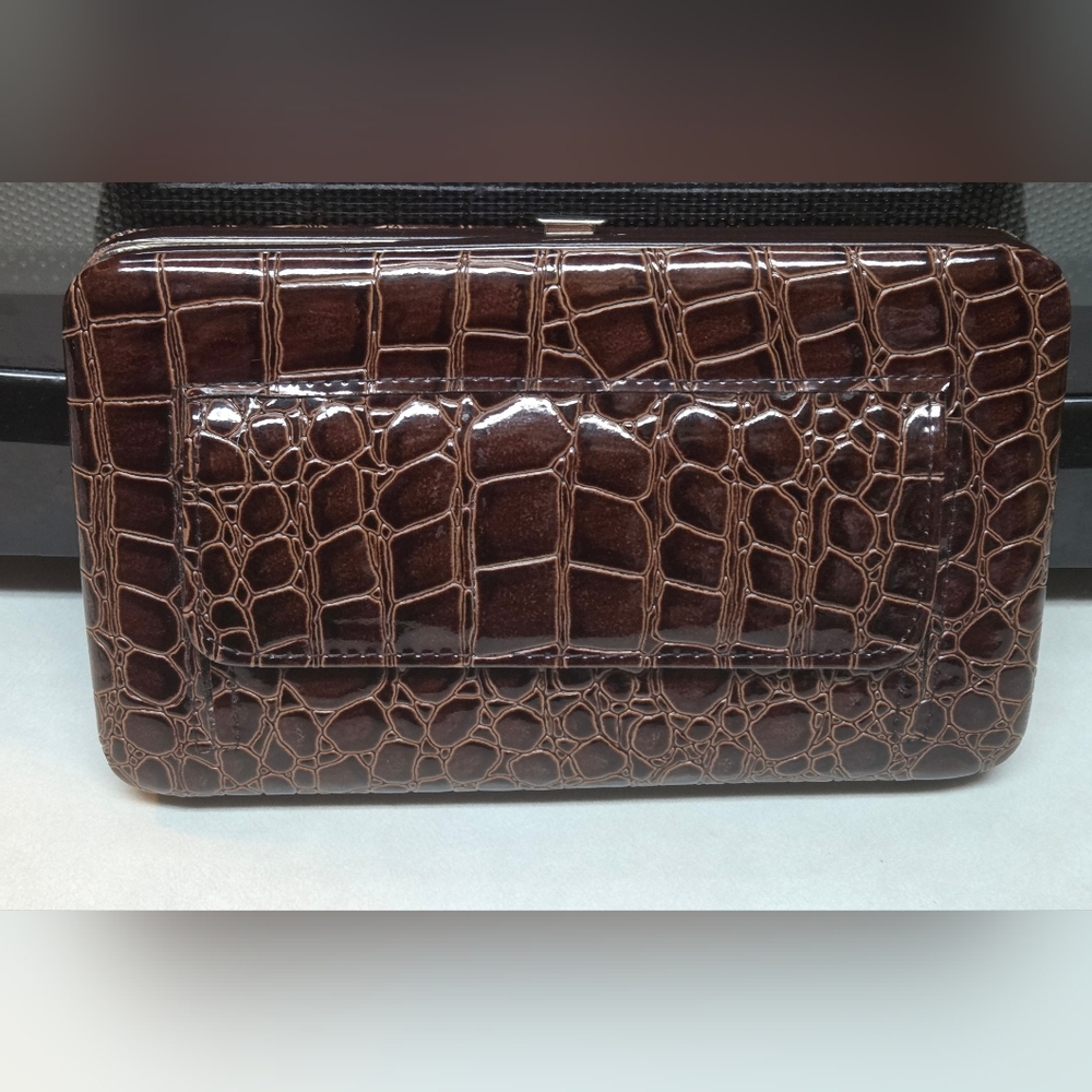 Brown Hananel Faux Crocodile Hard Case Clutch Wallet